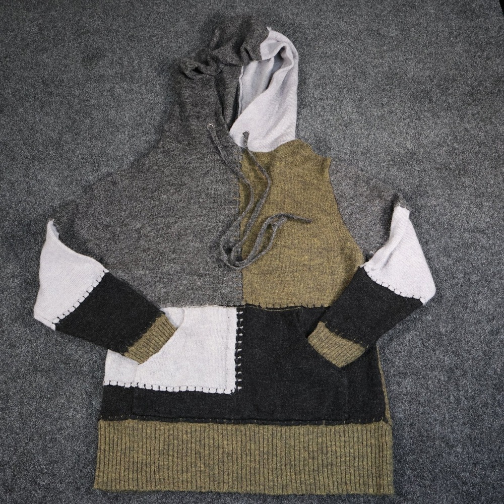 Baciano Womens Patchwork Knit Hoodie Grey Green Colorblock Boho Pullover Small